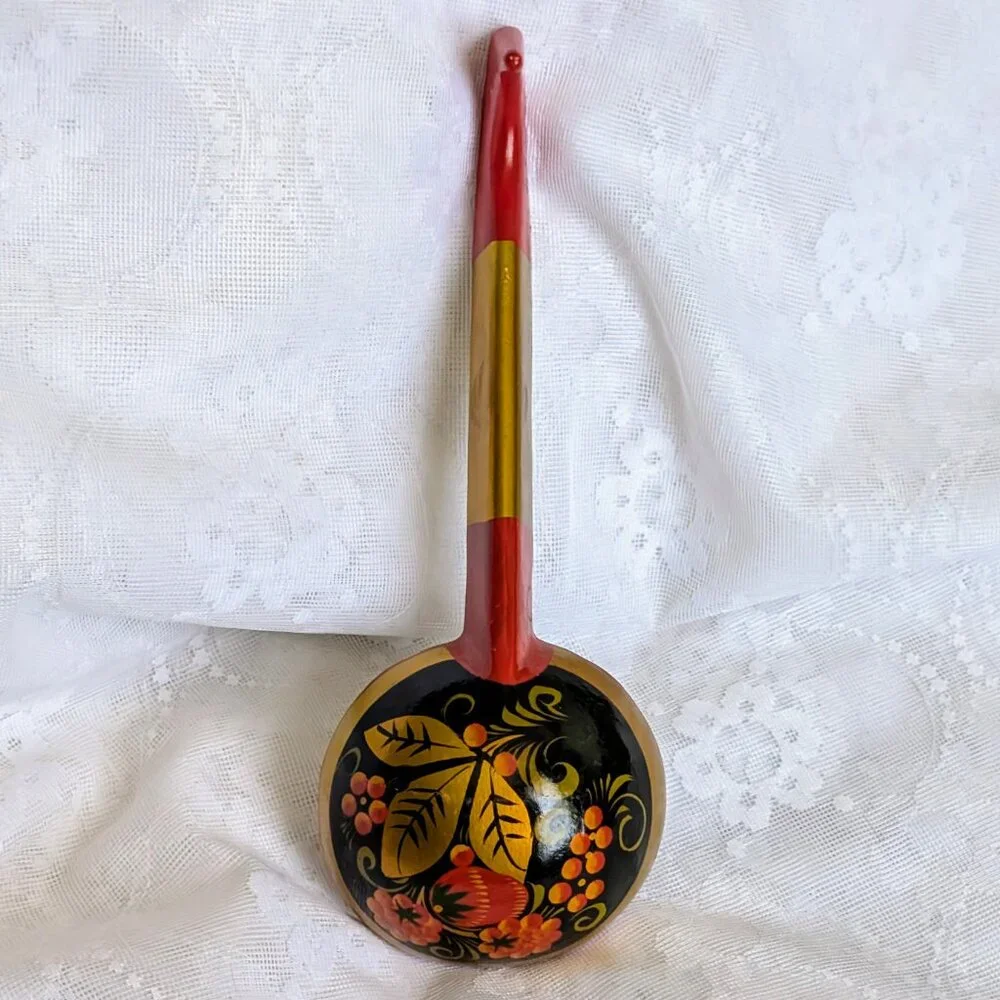 Vintage Russian Khokhloma Hand Painted Floral Large Wooden Ladle Spoon